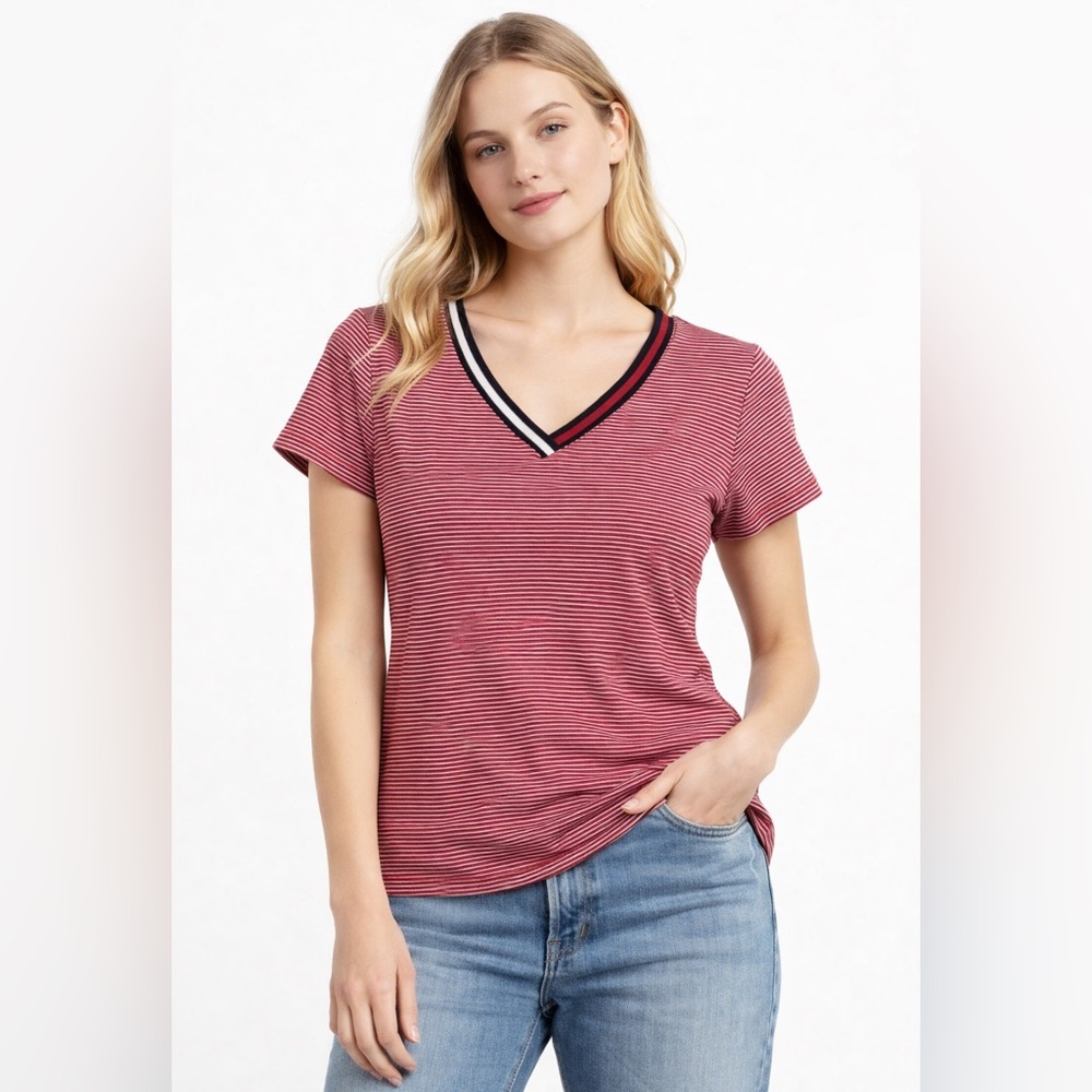Tommy Hilfiger Red‎ White Striped V-Neck T-Shirt Women's Small